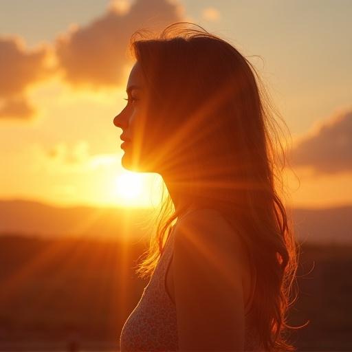 Girl in profile against a sunset background. Sun shining with sharp rays. Warm colors dominate the scene. HD resolution.
