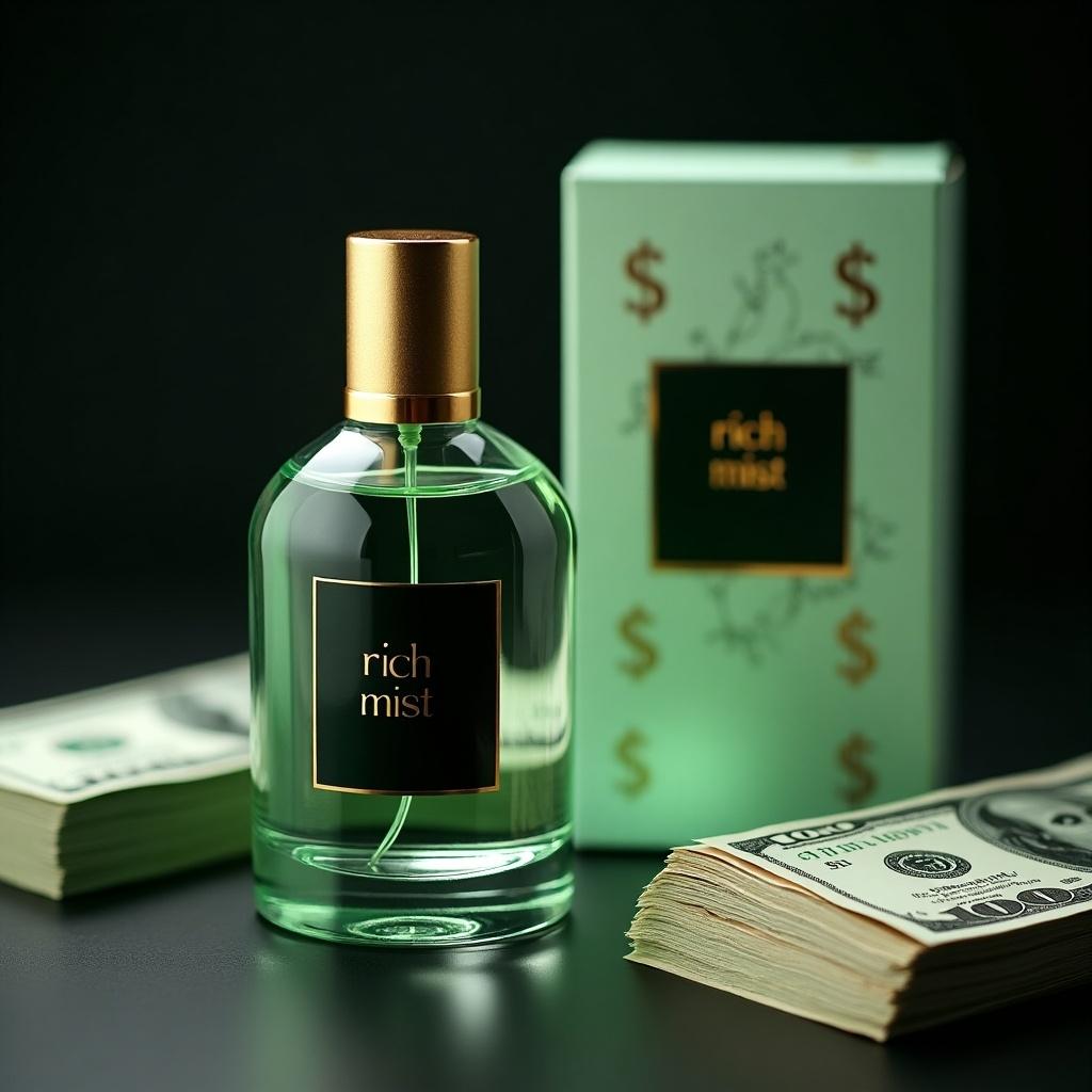 The image features a transparent glass perfume bottle with a golden cap and light-colored liquid inside. Label with brand name 'rich mist' is prominent. A soft focus on a stack of money is present. A light green box with dollar signs is beside it. Dark green and black color scheme overall.