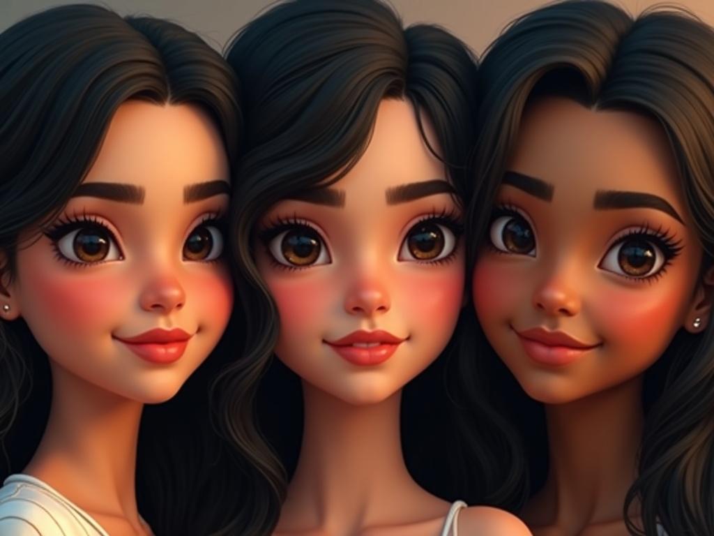 Create an image of three teenage girls with realistic features. They have dark brown eyes, black hair, warm brown skin, full red lips, and groomed eyebrows. They share similar aesthetic qualities.