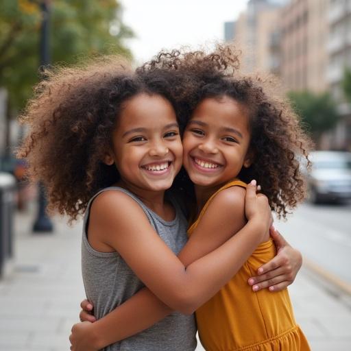 Two curly-haired sisters hugging on a city sidewalk. They are smiling brightly. The scene shows joy and love.