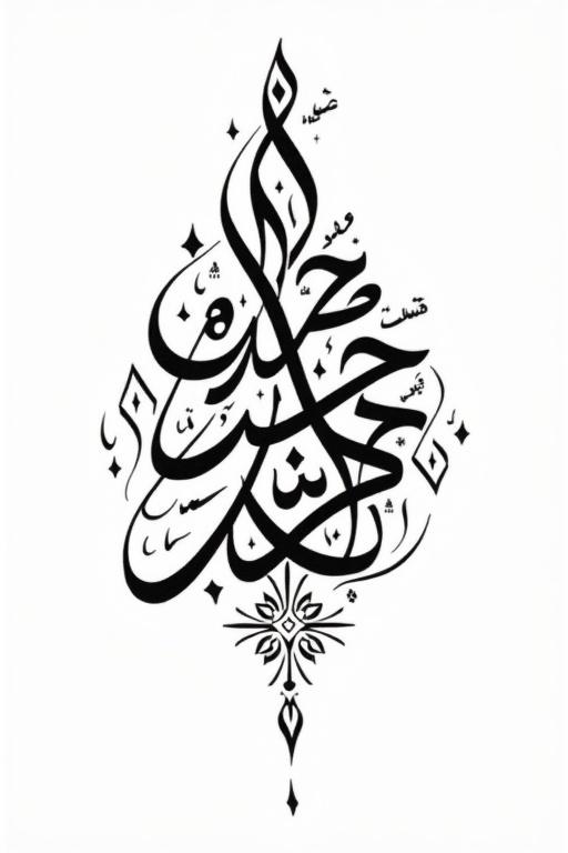 Create calligraphy art using Diwani style for specific text. Focus on elegant and intricate design. Combine two words in a flower shape made exclusively by letters. Avoid using other ornaments or real flowers. Ensure it's clean yet artistic for a tattoo idea.