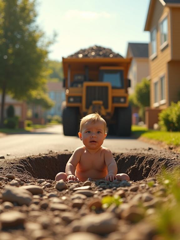 Scene shows baby sitting in large pothole in suburban area. Dump truck in background filled with rocks indicating motion. Bright sunlight enhances colors of houses and plants. Focus on baby’s worried expression suggests action. Include shadows, textures, and slight blur effect in background.
