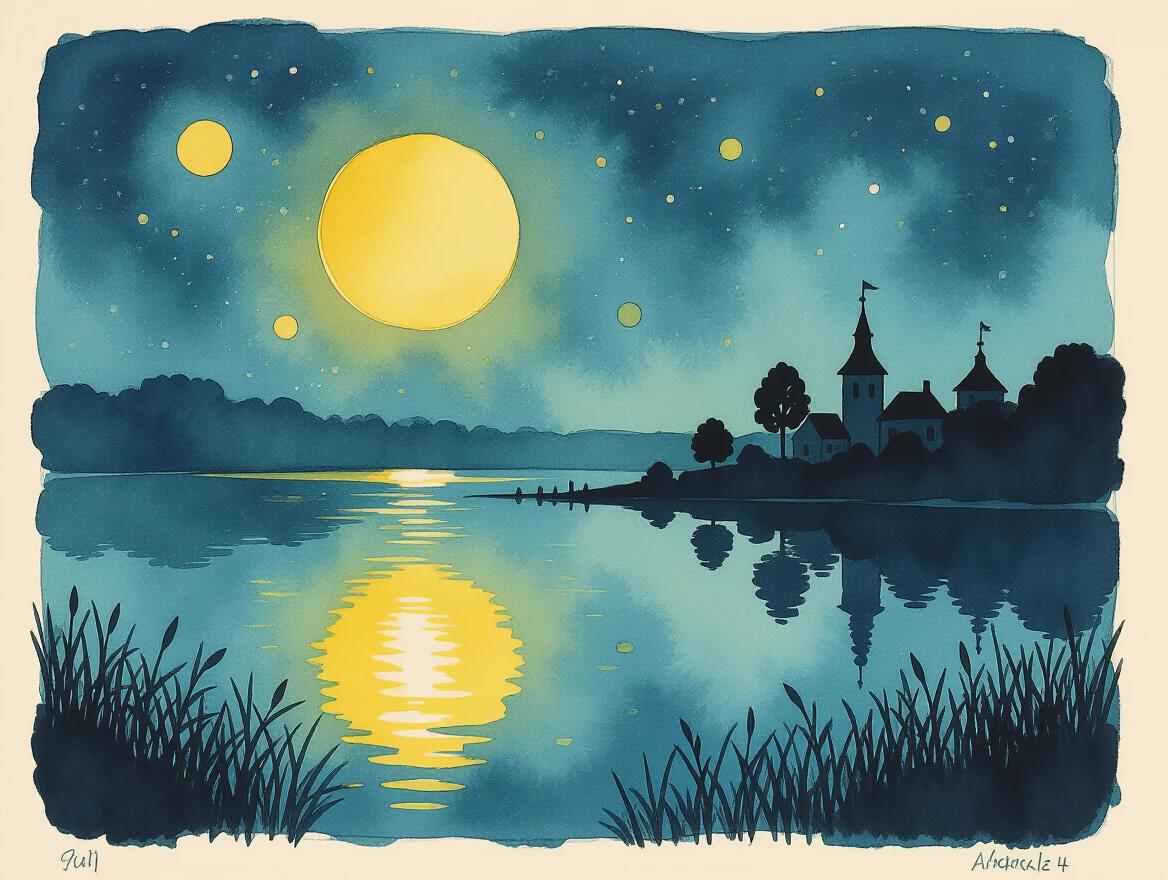 Aquarelle painting featuring a lakeside scene at night. Large golden moon in the sky over water. Ethereal vibe with reflections of the moon. Deep blue background with stars. Folk art balanced with impressionism. Textured details and ornamental elements throughout. Inspired by the works of Alexander Jansson and Paul Klee.