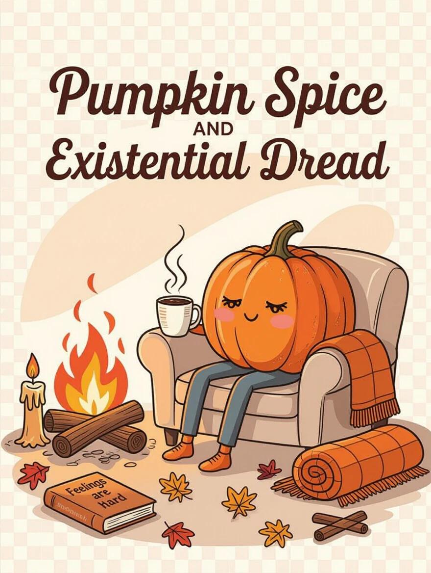 A cozy autumn design with the phrase Pumpkin Spice and Existential Dread in retro script font. A sleepy pumpkin character without legs sits on a therapist's couch holding a coffee cup. A fireplace burns with wooden logs. A candle is lit nearby. A book titled Feelings Are Hard rests on the ground. Scattered fall leaves are present with a rolled blanket and a cinnamon stick. Warm pastel colors and soft shadows create a hygge feel.