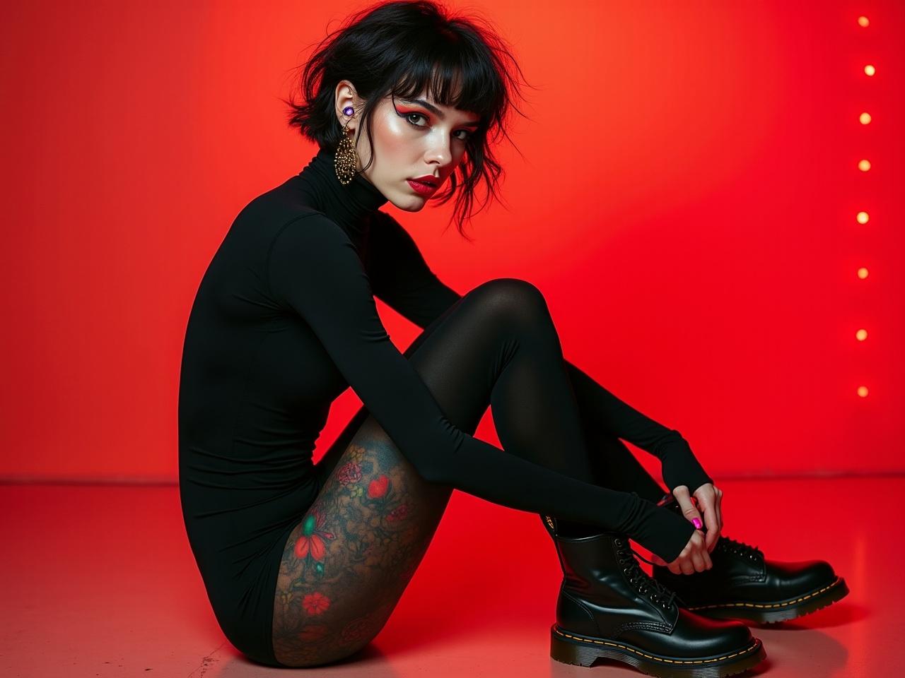 The image beautifully captures a person seated against a vivid red background. Dressed in a sleek black outfit, they exude confidence and style. The colorful tattoo on the leg adds a touch of rebellious elegance, while dramatic makeup and oversized earrings contribute to the edgy fashion statement.