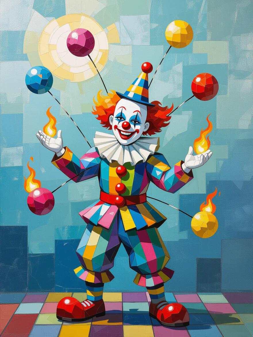 Colorful clown figure made of geometric shapes. Clown juggles five pom poms. Pom poms are on fire. Background features iridescent tiles and glass mosaic. Ethereal and abstract feel. Encaustic mixed media elements present.