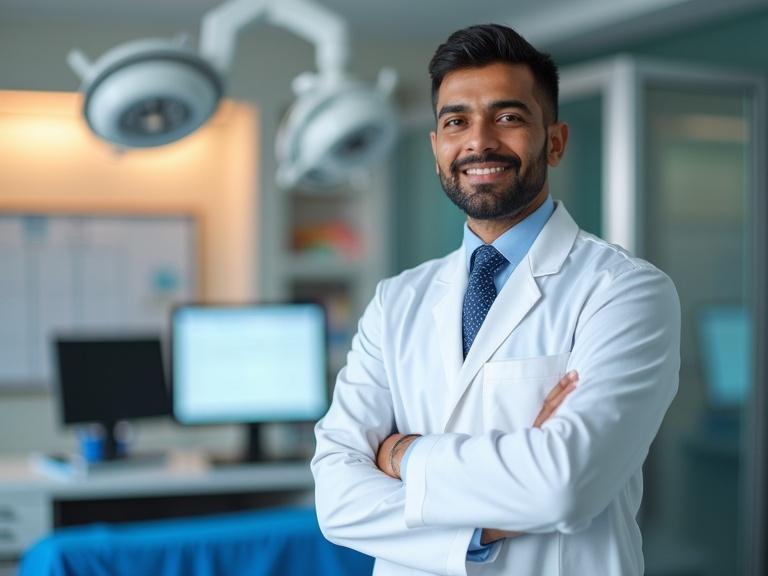 A professional Indian plastic surgeon stands confidently in a modern operation theatre. He wears a white coat and has a gentle smile. The background shows a lens-blurred operation theatre with soft orange and blue hues. Include visual elements like a desk, computer, and calendar with eye patches/glasses suggesting recovery. Overlay phrases like 'Back to Work' in a friendly font.