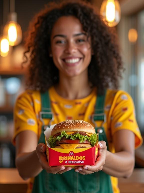 A Brazilian woman stands in front of a snack bar counter. She smiles while holding a sandwich in a vibrant box. The sandwich has sesame seed bread, lettuce, tomato, and cheese. The box displays the text MC RONALDOS. The setting is modern with soft lighting and warm colors.