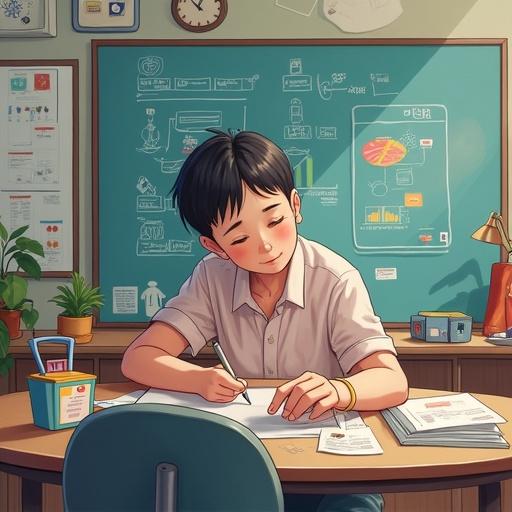 A young boy is sitting at a desk studying. The wall behind features educational charts about AI and pathology. He is focused on writing and surrounded by study materials including plants and stationery.