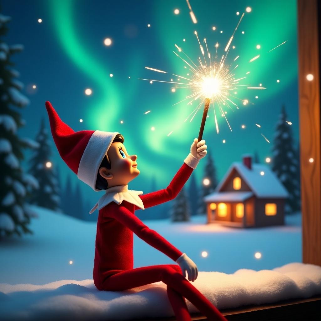 Elf on the shelf sits back to viewer, gazing skyward. Elf holds glowing wand emitting sparkling light. Background features charming Christmas scene with northern lights. Cozy house in distance, decorated for holidays. Snow covers ground. Elf in playful position reflecting Christmas magic. Message in air written by wand creates holiday cheer.