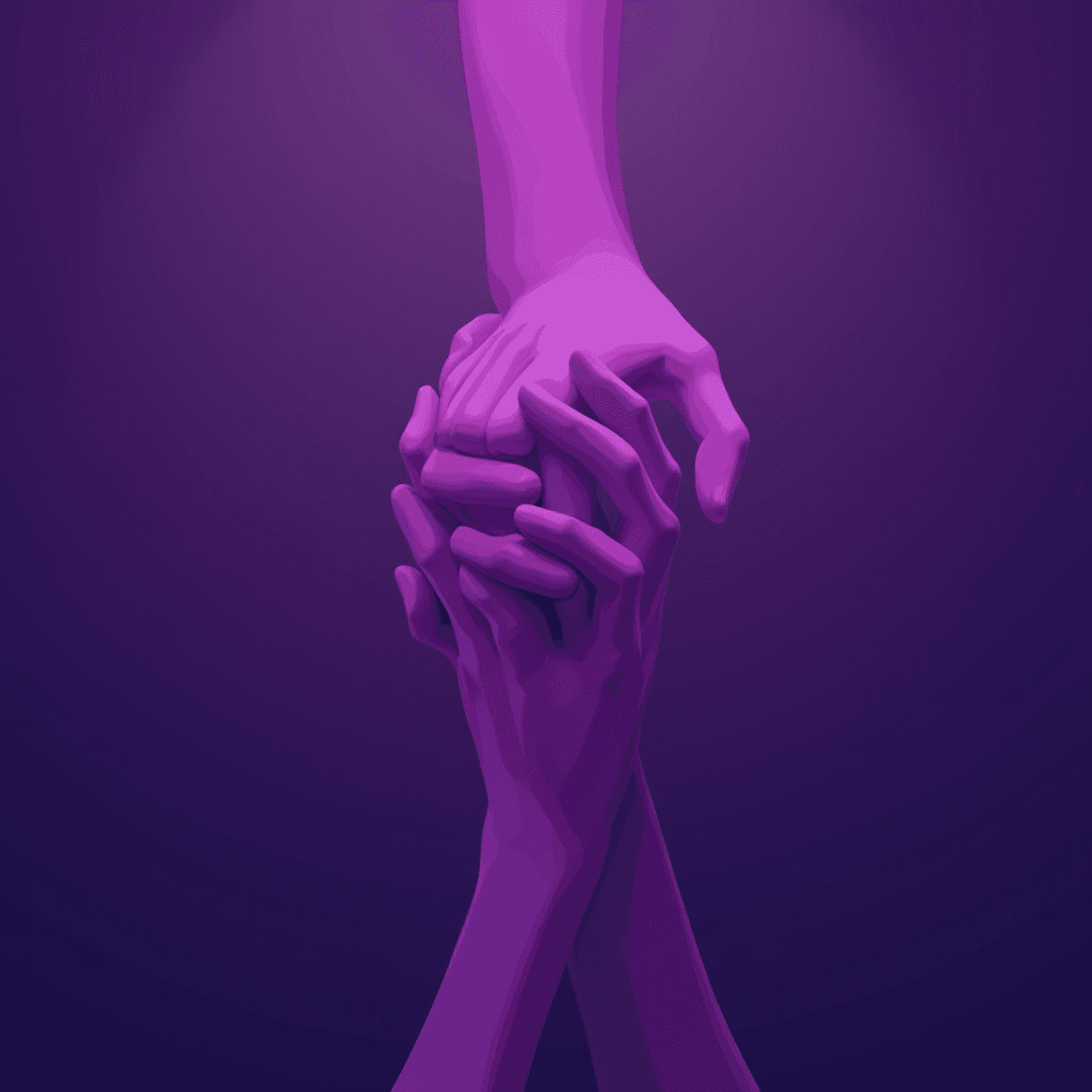 The image depicts a vibrant, stylized representation of two hands. One hand is gripping the wrist of the other, and both are rendered in shades of purple, creating a strong monochromatic theme. The purple hues give the image a modern and abstract feel, while the gesture suggests themes of support, connection, or solidarity. The background is a darker shade of purple, enhancing the focus on the hands and adding depth to the composition.