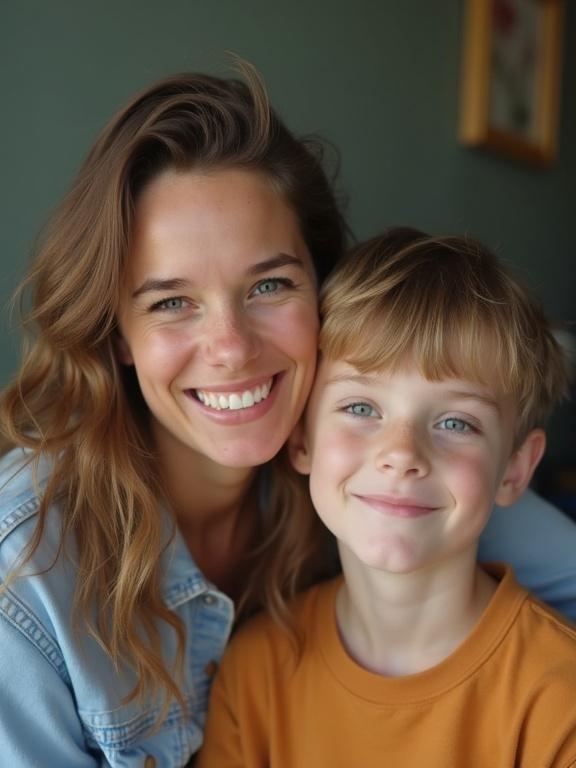 A mother with her son captured in a casual setting. The photo has a vintage feel. Colors are warm and earth-toned. There is a softened focus effect. The image is low resolution with some pixelation around the edges. Background has a simple backdrop. Two faces show a close emotional bond. Lighting is soft and natural.
