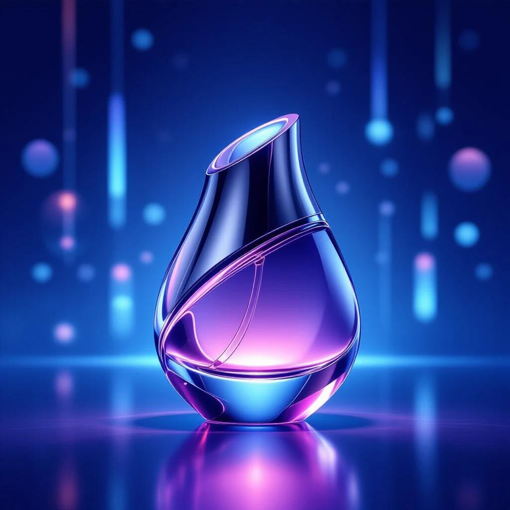 Futuristic perfume bottle with asymmetric design made of translucent tech-glass. Features brushed metal and embedded micro-LEDs that respond to touch. Shape resembles a twisting droplet. Smooth surfaces display interactive light strips pulsing gently. Bottle sits on reflective surface in high-tech showroom. Surrounded by floating digital UI elements. Soft blue-purple ambient light enhances atmosphere. Bottle glows from within, offering multisensory experience. Hyper-realistic, clean, high-tech aesthetic with moody lighting.