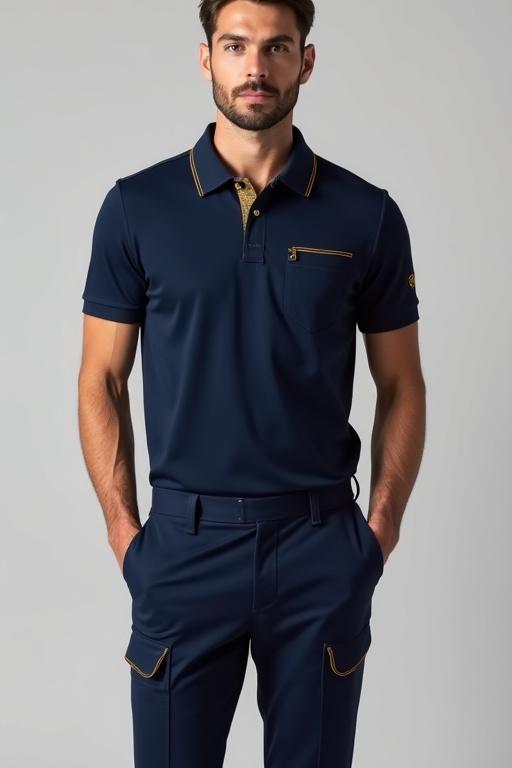 Full body image of a man wearing a dark blue polo shirt with gold accents and a pocket. He also wears dark blue pants with side pockets and gold accents. Designed for luxury hotel staff.