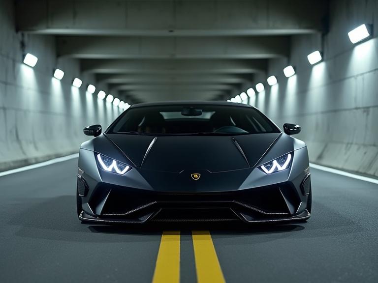 Photorealistic cinematic photograph of a matte black Lamborghini Revuelto with a full Mansory carbon fiber body kit. Captured in a modern concrete tunnel with dynamic lighting. The car is angled slightly towards the camera with Y-shaped DRLs illuminated. Low angle emphasizes aggressive stance. Tunnel setting with defined road markings and strong contrasts from overhead lights.