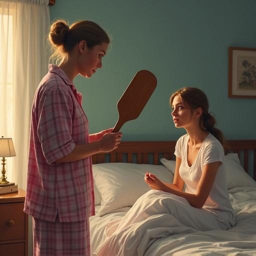 Strict housewife in pajamas holding small wooden paddle. Young woman sits shocked on the bed. Room interiors clearly visible. Painting style enhances character expressions.