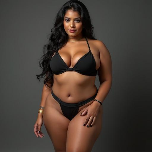 Full body view of a curvy woman in a bikini. Woman has long black hair and a confident expression. Soft grey background.