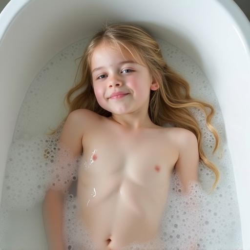 A thin blond 7-year-old girl lies on her back in a bathtub. She looks at the camera with a peaceful expression. Soft bubbles are in the water around her. Long hair flows to the side. Bathtub design is clean and minimalistic. Natural light brightens the surroundings.