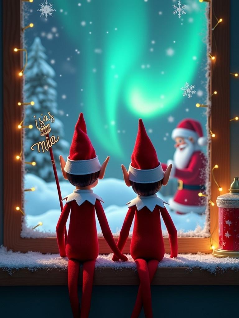 Two elf figures facing away. Elves looking at a snowy scene. Magical northern lights in the sky. Santa Claus visible outside the window. Wand with names isas and mia.