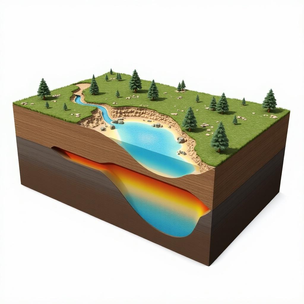 3D representation of the hydrogeological cross section of the Sokoto basin. Includes surface features like trees and a river, as well as underlying water layers.