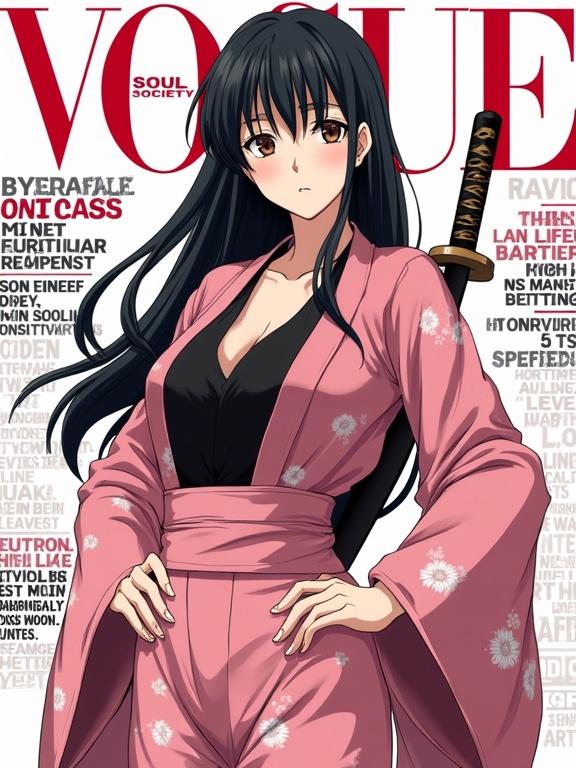 Illustration of a female character inspired by Shunsui Kyōraku. She wears a pink flower kimono with a black undershirt. One hand is on her hip while the other grips a katana. The pose is relaxed yet serious. The character has long, straight black hair and calculating hazel eyes. The background resembles a fashion magazine with elements similar to VOGUE. The scene is depicted in an anime style with bold lines and a slightly elevated angle.