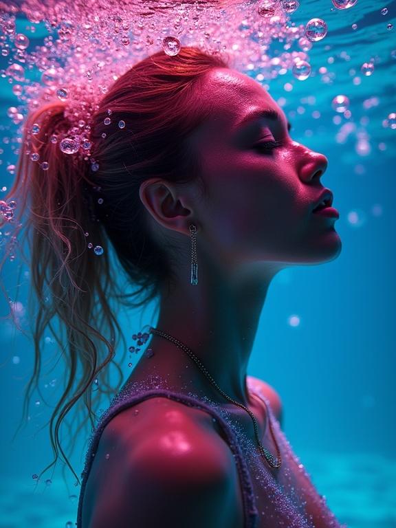 Underwater scene featuring a woman's profile surrounded by bubbles. Skin and hair blend with water and droplets. Bathed in vibrant pink and blue lighting.