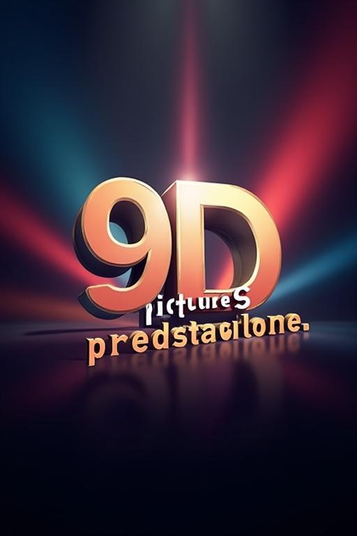 Logo displays creatively altered text '9D pictures predstavlyaet'. Dramatic background with colorful beams of light sets a cinematic stage. Logo suggests film and media production identity.