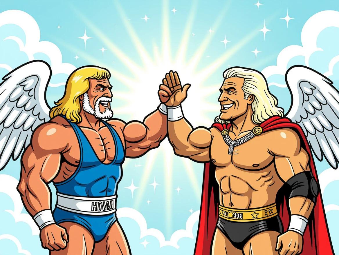 Two wrestlers in heaven high fiving at pearly gates. Cartoon style sketch. One wrestler in blue, other in gold attire. Bright background with clouds.