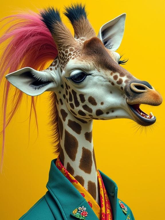 Surreal whimsical portrait of punk Geisha-giraffe. Vibrant colored hair with epic attitude. Dressed in eccentric attire of green magenta yellow and blue. Intricate details and delicate patterns. Contrasting background of yellow ocher and burnt sienna.