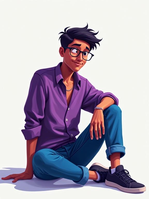Design a character depicting a man sitting on the floor. The style is realistic with a focus on vibrant colors. The character is around 40 years old with a tender and mysterious expression. Attire includes a purple shirt and blue pants. The character features glasses as an iconic accessory, creating a visually appealing image suitable for an emotional story.