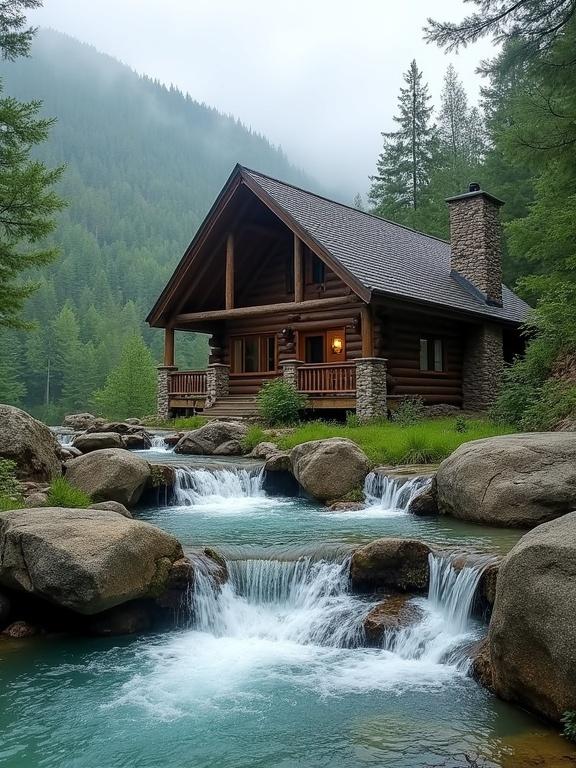 A rustic log cabin in a lush forested area near cascading waterfalls. The cabin features dark brown logs, a steep roof with dark shingles, and a stone chimney. A spacious porch with wooden rails and large windows allows natural light. Surrounding woods are dense with green trees and rolling hills shrouded in mist. Waterfalls flow into clear turquoise pools with smooth stones lining the edges, under an overcast sky.