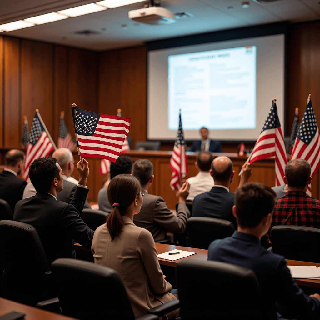 People holding American flags during a formal indoor event, possibly a citizenship ceremony.