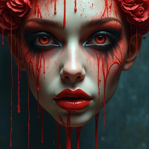 A melting wax face features dramatic eye makeup. Colors are deep and vibrant. The face is adorned with roses. There is a dripping effect of color. Emphasis on surreal and gothic elements.