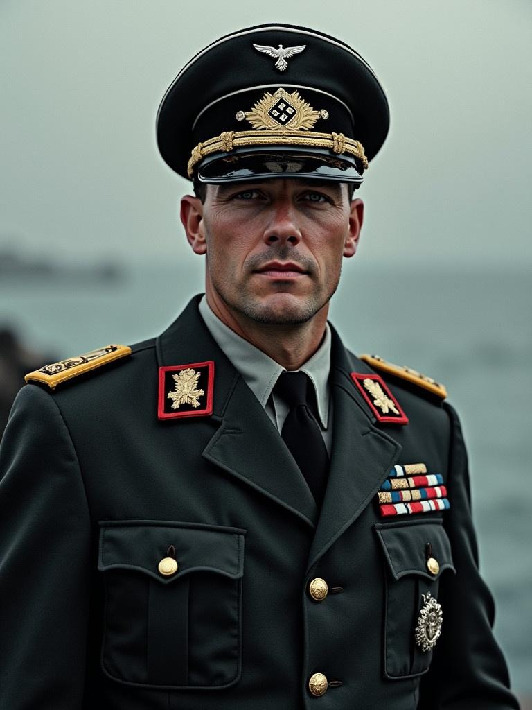 Image of a German U-boat commander in uniform. The setting is maritime with a dark and moody background. The commander stands confidently, adorned with medals and service insignia. Sophisticated military attire highlights the historical significance. The overall tone is serious and respectful.