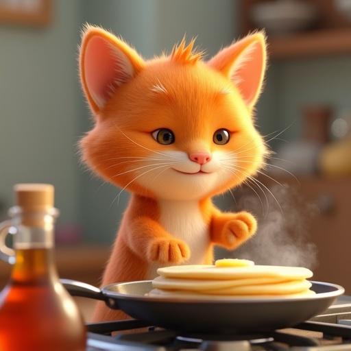 Adorable orange cat flipping pancakes in a pan on the stove with steam rising. Syrup bottle nearby. Relaxing kitchen scene depicted with warm tones. Highly detailed cat fur enhanced with a charming 3D animated look.