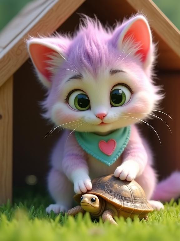 Close-up shot of a fluffy kitten with pastel pink and lavender fur. Kitten has a creamy white belly and large expressive green eyes. It wears a light blue bandana with a stitched pink heart. Kitten carefully applies a white bandage to a small turtle under a wooden crate-like structure on green grass. Soft daylight is present.