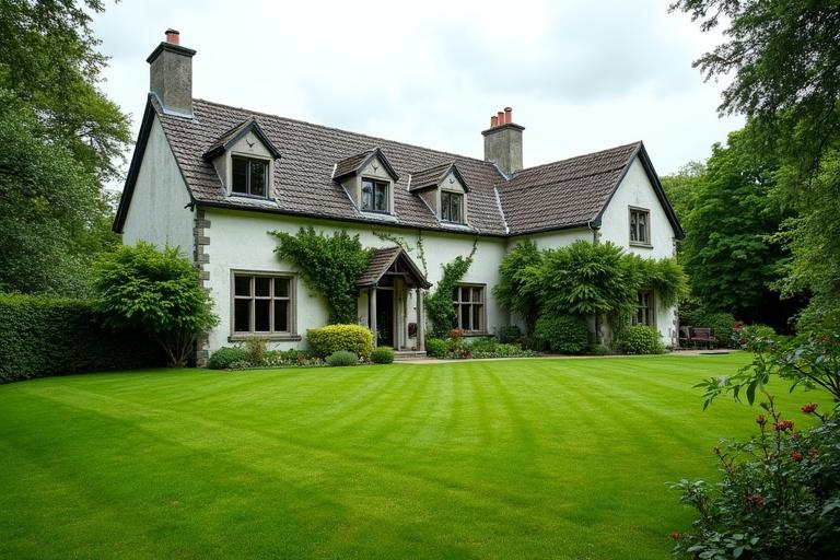 An Irish home features large green garden. House located on the left side; garden primarily on the right. No greenery on the house.