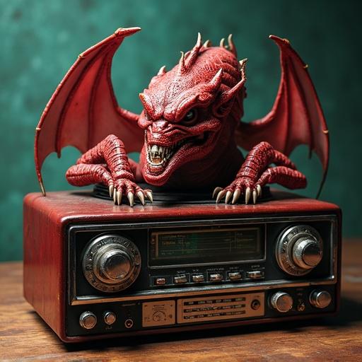 Retro music player features a dragon sculpture perched on top. The design incorporates fantasy elements and vintage aesthetics. The color scheme includes deep red and dark green tones.