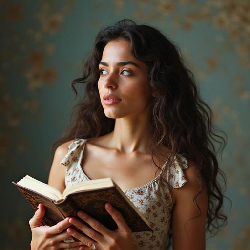 A woman surrounded by floating books. She holds an open book. The background is softly colored. Hair is in loose waves. There is a warm light illuminating the scene.