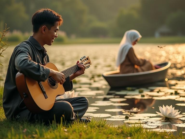 Indonesian man in batik shirt sits by a pond with acoustic guitar. Woman in hijab on a boat in the background. Scene features lotus flowers and warm sunset light. Evokes feelings of romance and connection with nature.