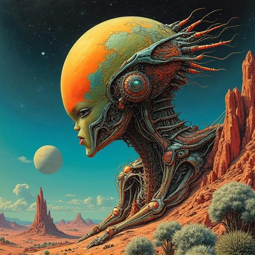 Huge humanoid figure with plantoid features against a surreal landscape. Incorporates elements of fantasy and sci-fi, showcasing vibrant colors and intricate details. Influenced by famous comic artists.