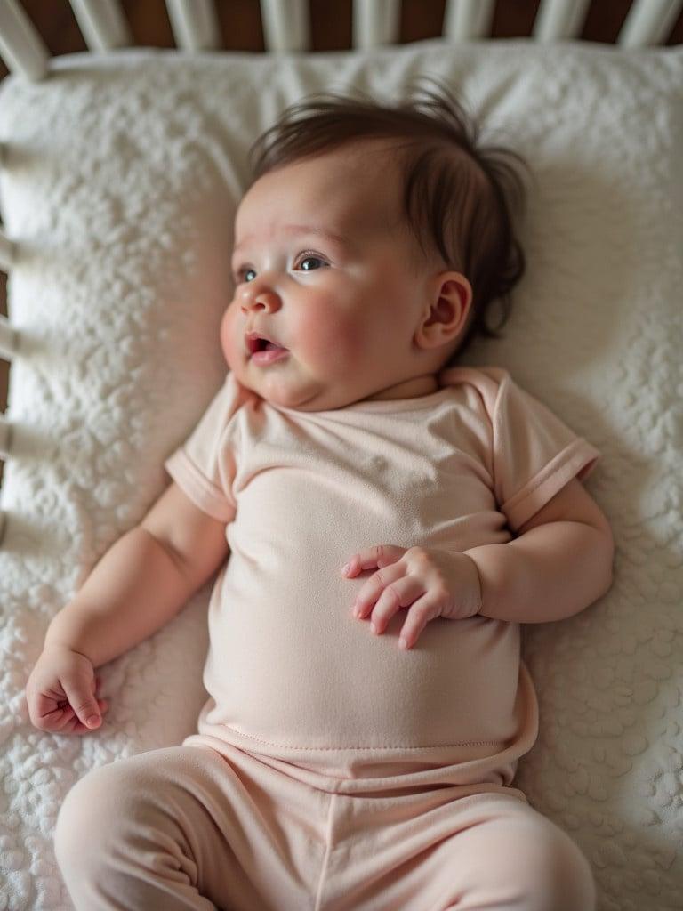 A baby lying in a crib with a soft expression. The baby wears a light-colored outfit. The crib has a cozy, fluffy mattress. Natural light gently illuminates the scene.