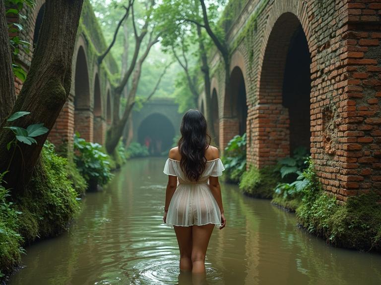 Young woman in sheer off-shoulder mini dress stands in ancient Indian ruins. Crumbling brick walls are partly submerged in water. Dense jungle is wrapped around the architecture. Brick walls show green moss and plants. Murky water reflects canopy. Film photography captures natural lighting and haze.