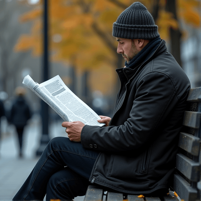 A man sits on a bench reading a newspaper in a park with autumn leaves around.