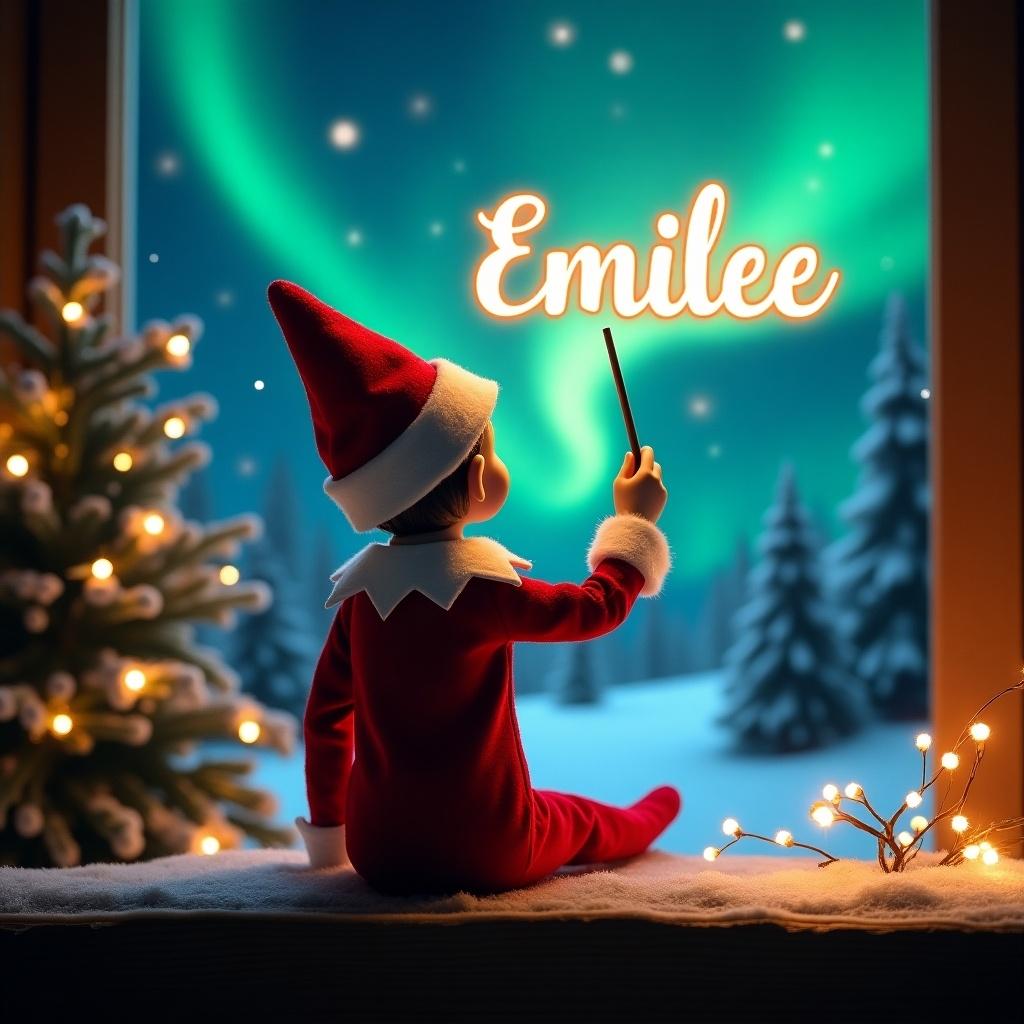 Enchanting Christmas scene features an elf on the shelf. Elf dressed in red and white. Facing sky with back to viewer. Wields magic wand writing 'Emilee' in glowing script. Background adorned with vibrant northern lights. Magical ambiance and whimsical twist. Sense of wonder and excitement captures holiday joy.