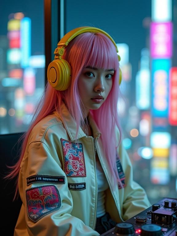 Cyberpunk-inspired young woman indoors with pastel pink hair and full bangs sits wearing oversized yellow retro-futuristic headphones. Dressed in shiny off-white bomber jacket adorned with colorful patches. Calm, introspective expression, eyes downcast. Neon skyscrapers and holographic signs in blurred background. Visible audio equipment adds music ambiance. Mood is moody, cinematic, and atmospheric with rich colors.