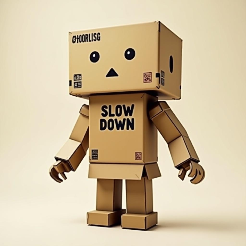 Stylized robot made from cardboard boxes with 'SLOW DOWN' printed on its torso. The robot has a cute face with wide-open eyes and a small mouth. Neutral background contrasts with the earthy colors of the robot. The image conveys a playful yet thoughtful message.