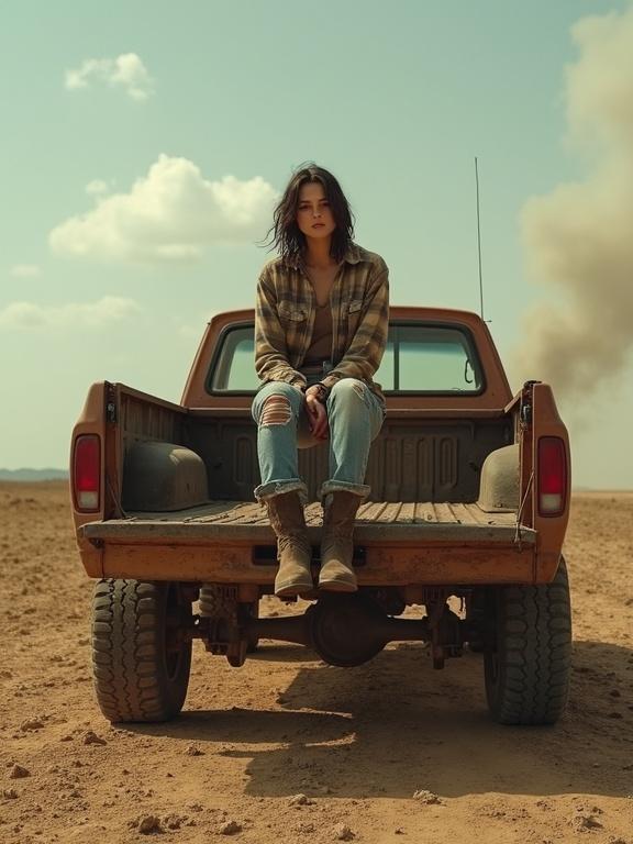 Strong woman from another world sits on a rusted truck in dry farmland. She wears a flannel shirt, torn jeans, and dusty boots. Her dark hair falls across her brow. The landscape is cracked, with dust and smoke in the air. She embodies endurance and stillness.