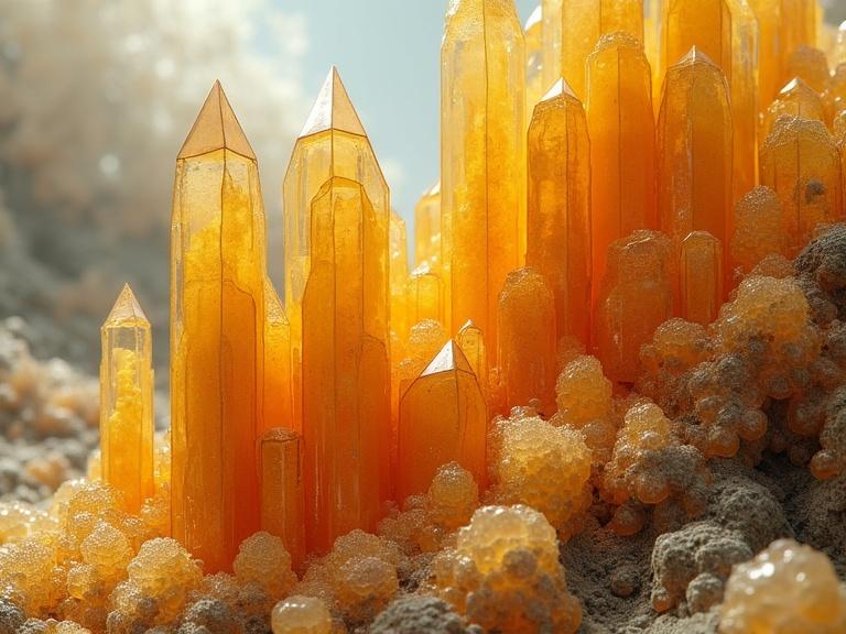 Fractal inspired architecture made of citrine crystals in various heights with a shimmering appearance.