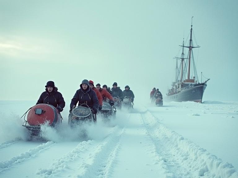 Dynamic historical scene from the early 20th century showing sled teams racing to the South Pole. Teams move through deep snow, a ship is visible in the background. Emphasis on speed and determination. Features include maps overlaying the scene and dramatic weather effects.